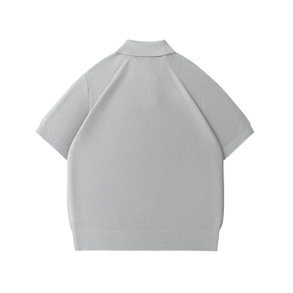 Back view of a light gray short-sleeve polo shirt with textured knit and ribbed hem.