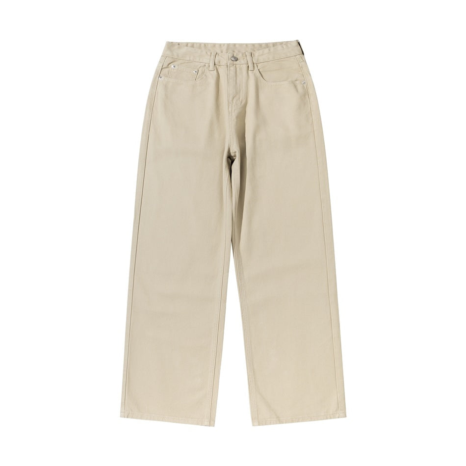 Front flat view of light khaki wide straight-leg pants with belt loops and five-pocket styling