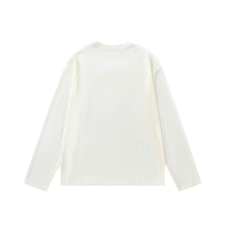 Back view of a plain off-white long-sleeve crew neck top with dropped shoulders, laid flat