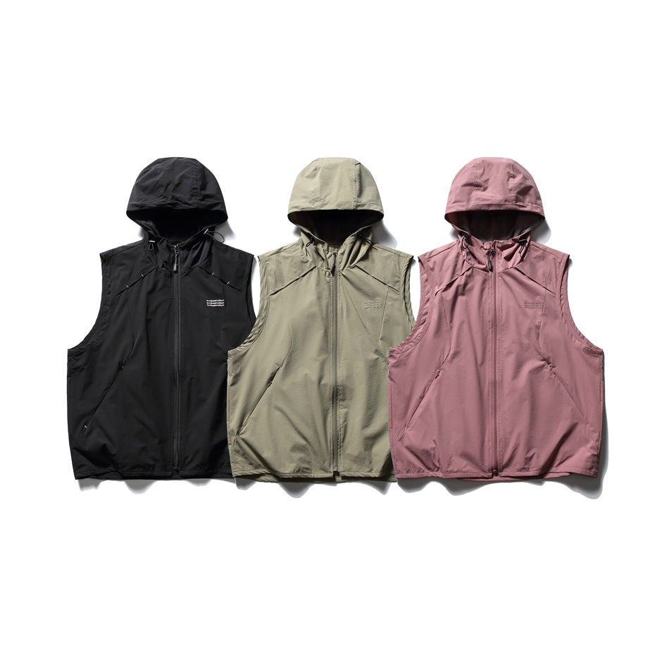 Three sleeveless hooded vests shown from the front in black, light khaki and dusty rose.