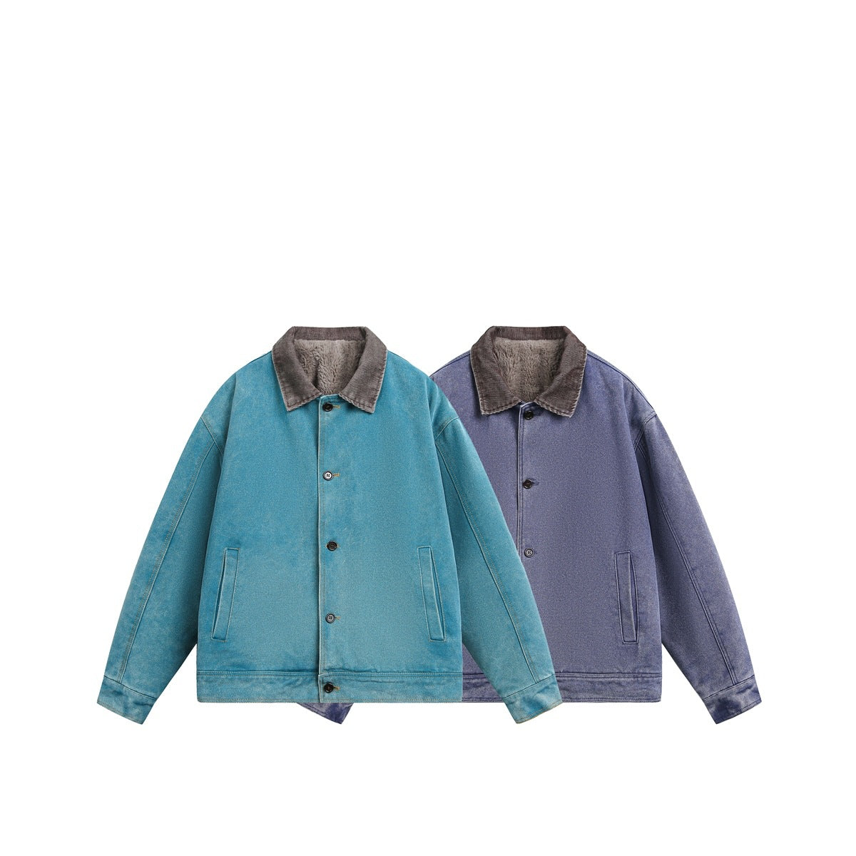 Two button-front jackets shown together: teal and blue-violet, both with brown collars and front pockets.