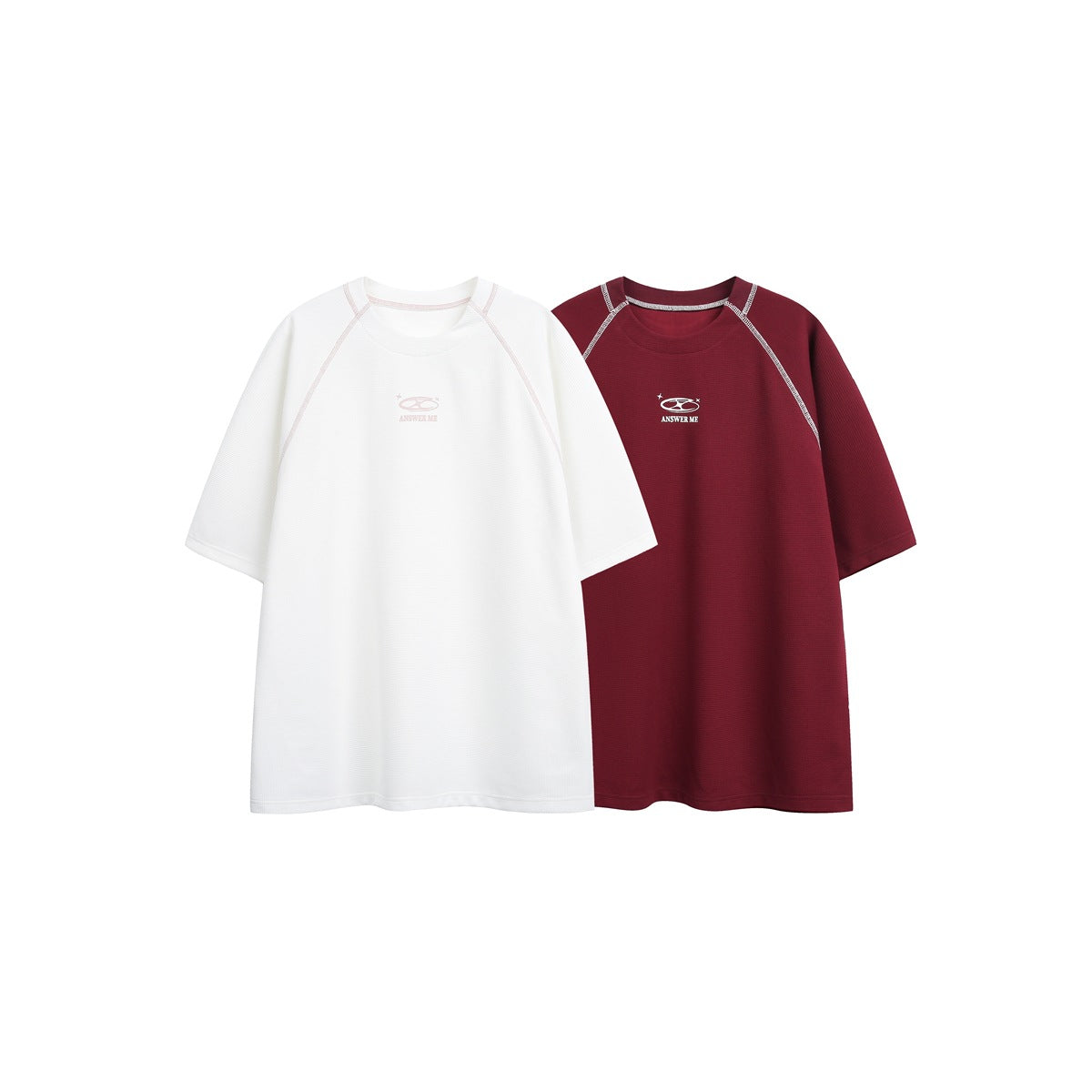 White and burgundy raglan T-shirts shown side by side, each with contrast seam piping and a small chest graphic.