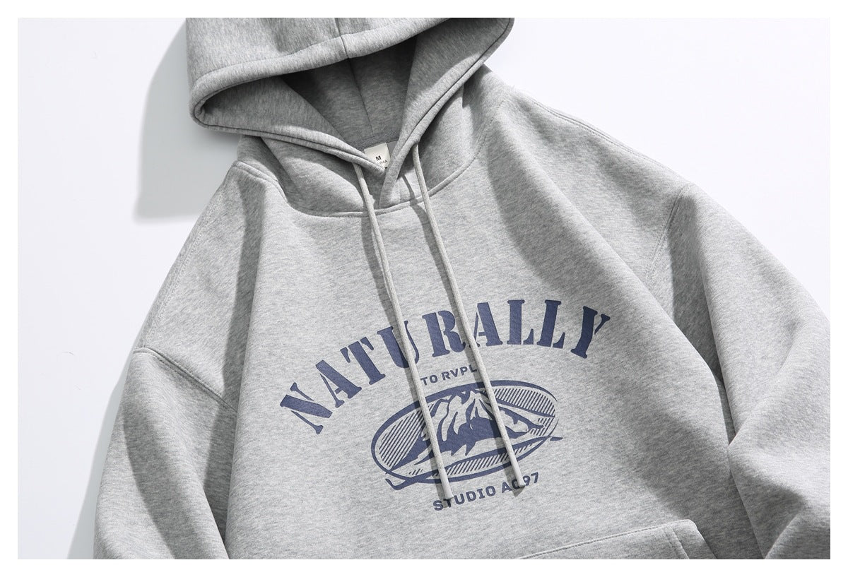 Front view of a light gray hoodie with drawstrings, a kangaroo pocket, and a navy graphic print.