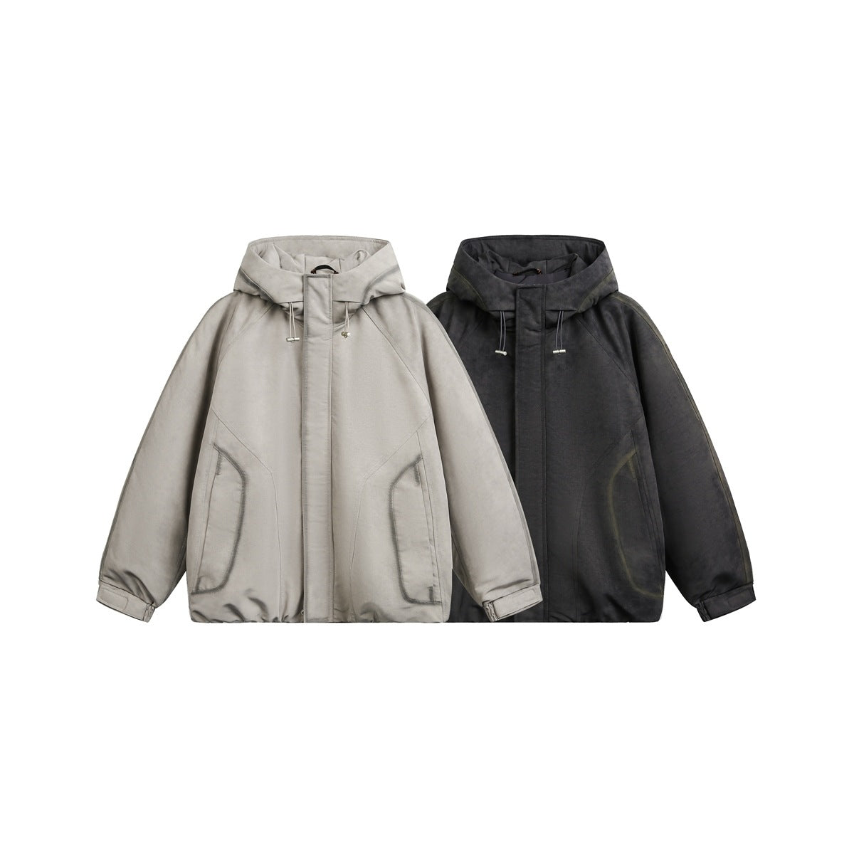 Two hooded jackets shown side by side in light gray and charcoal, with front closures and large pockets.