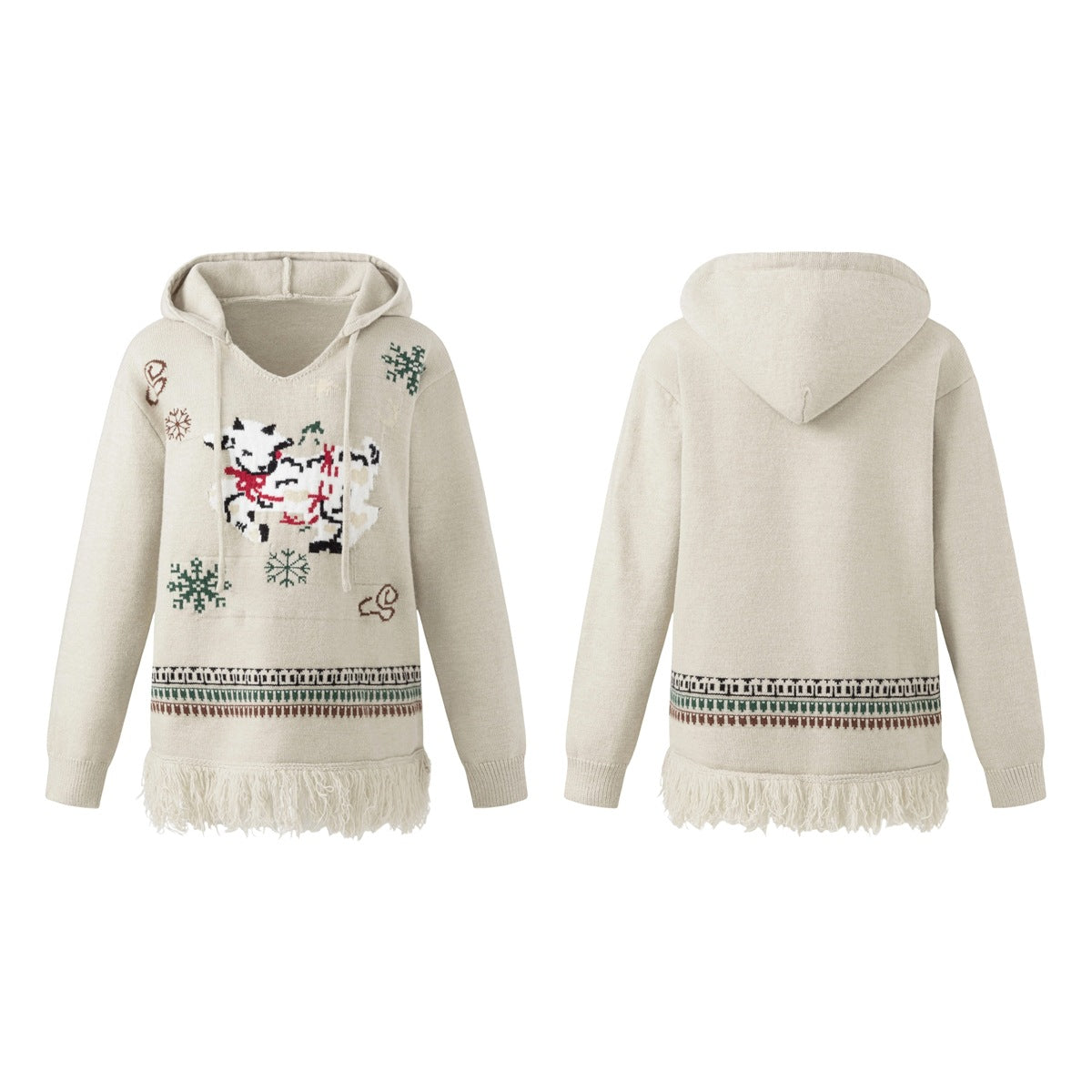 Front and back views of a cream hooded knit sweater with cat and snowflake motifs, patterned hem, and fringe.