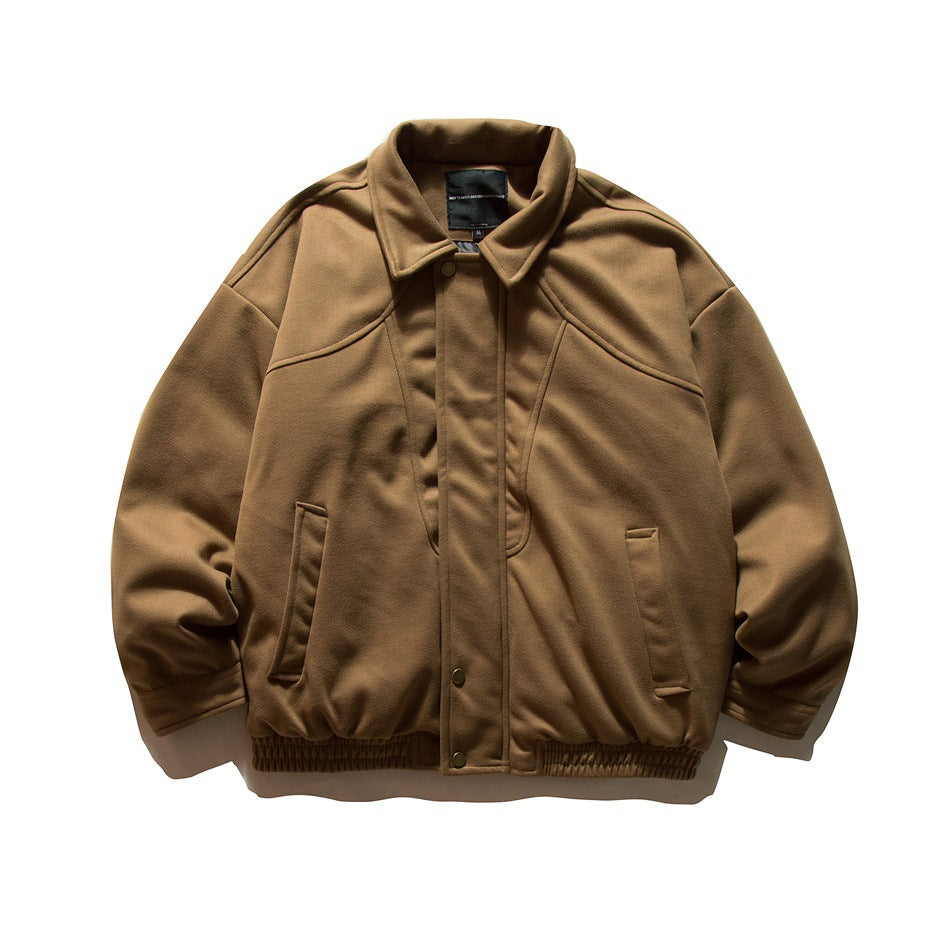 Brown bomber-style jacket flat lay front view with pointed collar, snap placket, slanted pockets and ribbed hem