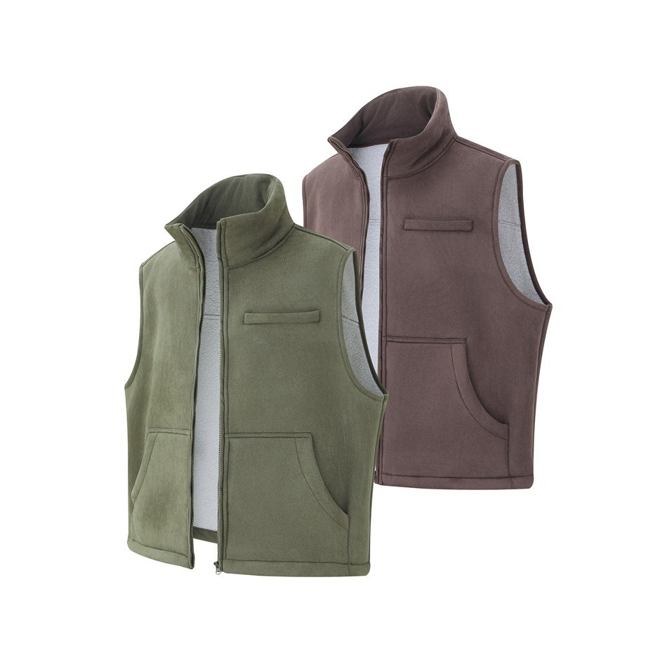 Army green vest with open zipper showing gray fleece-like interior beside a brown vest, flat views