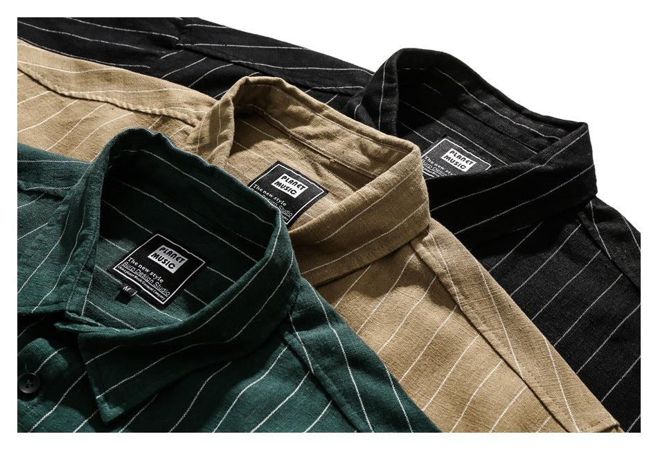 Three collared shirts in dark green, tan, and black with thin white stripes, arranged together.