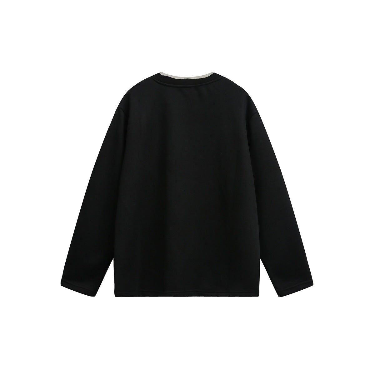 Back view of a plain black long-sleeve crewneck top with light trim visible inside the collar.