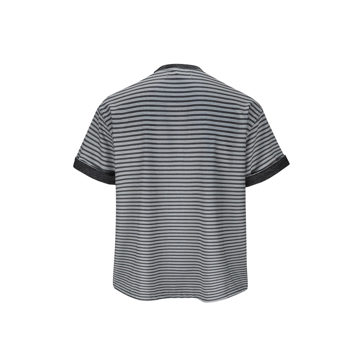 Back flat view of gray and black striped short-sleeve tee with dark neckline trim and rolled sleeve cuffs