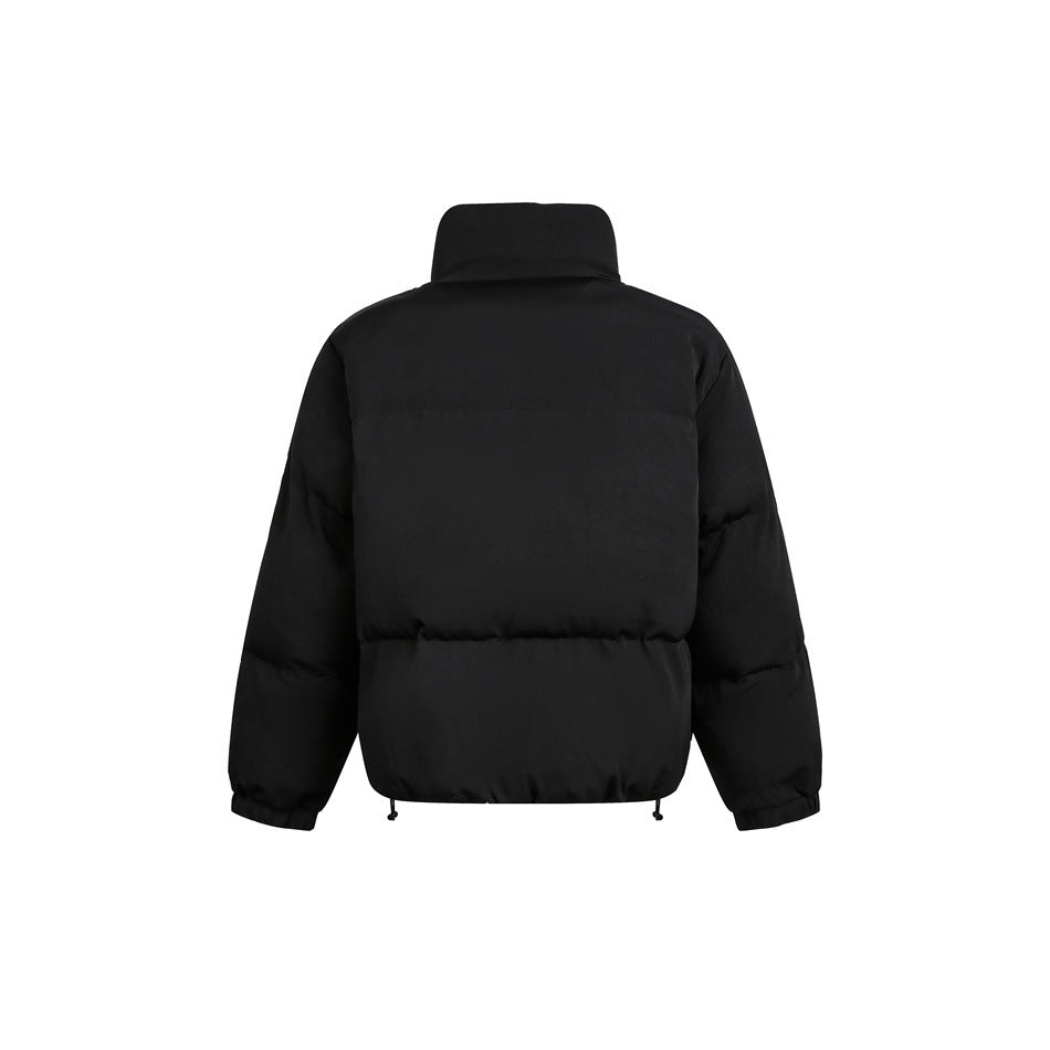 Back view of a black padded jacket with a high collar, horizontal quilting, long sleeves and an adjustable hem.