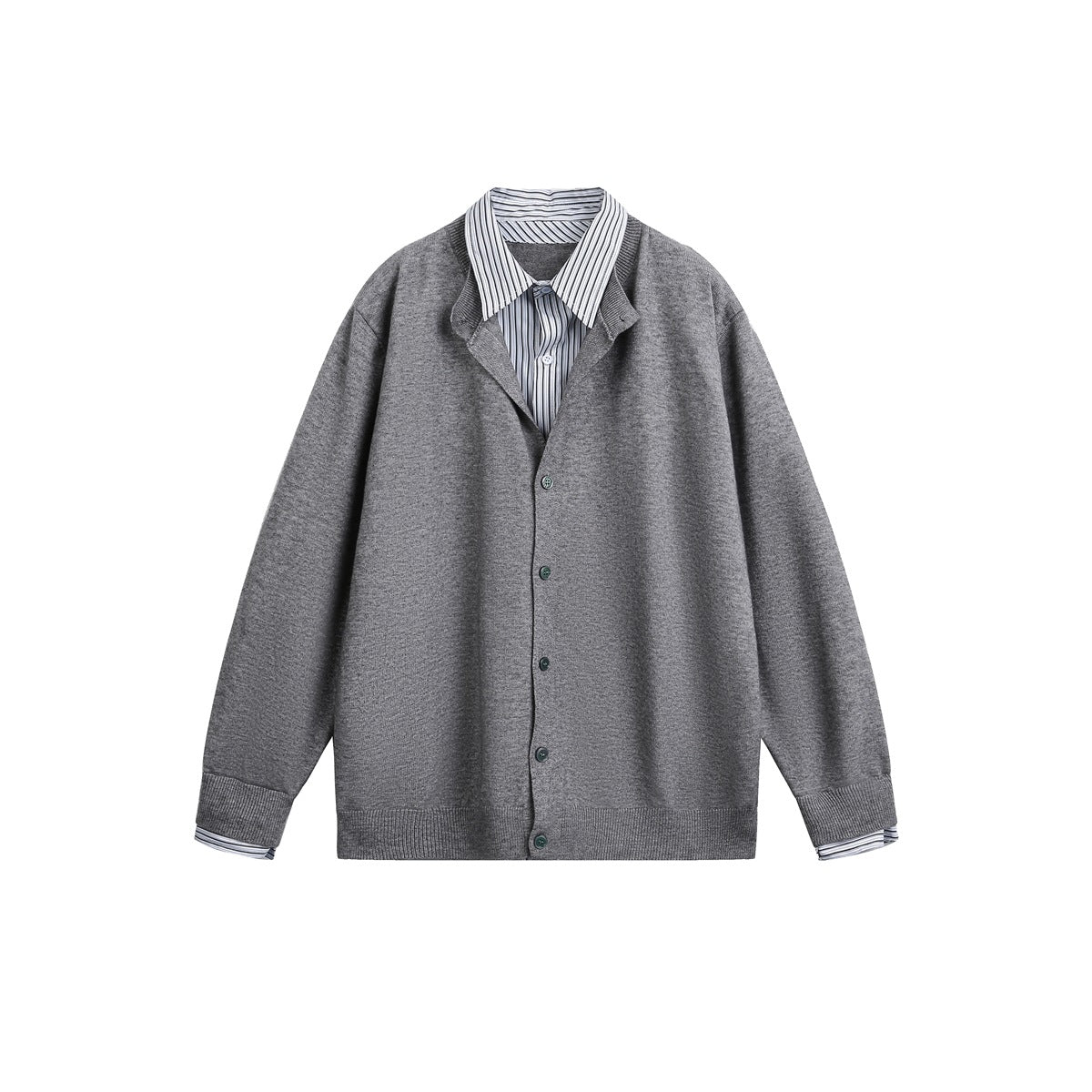 Gray button-front knit cardigan flat lay with striped shirt collar and cuffs showing at the neck and sleeves