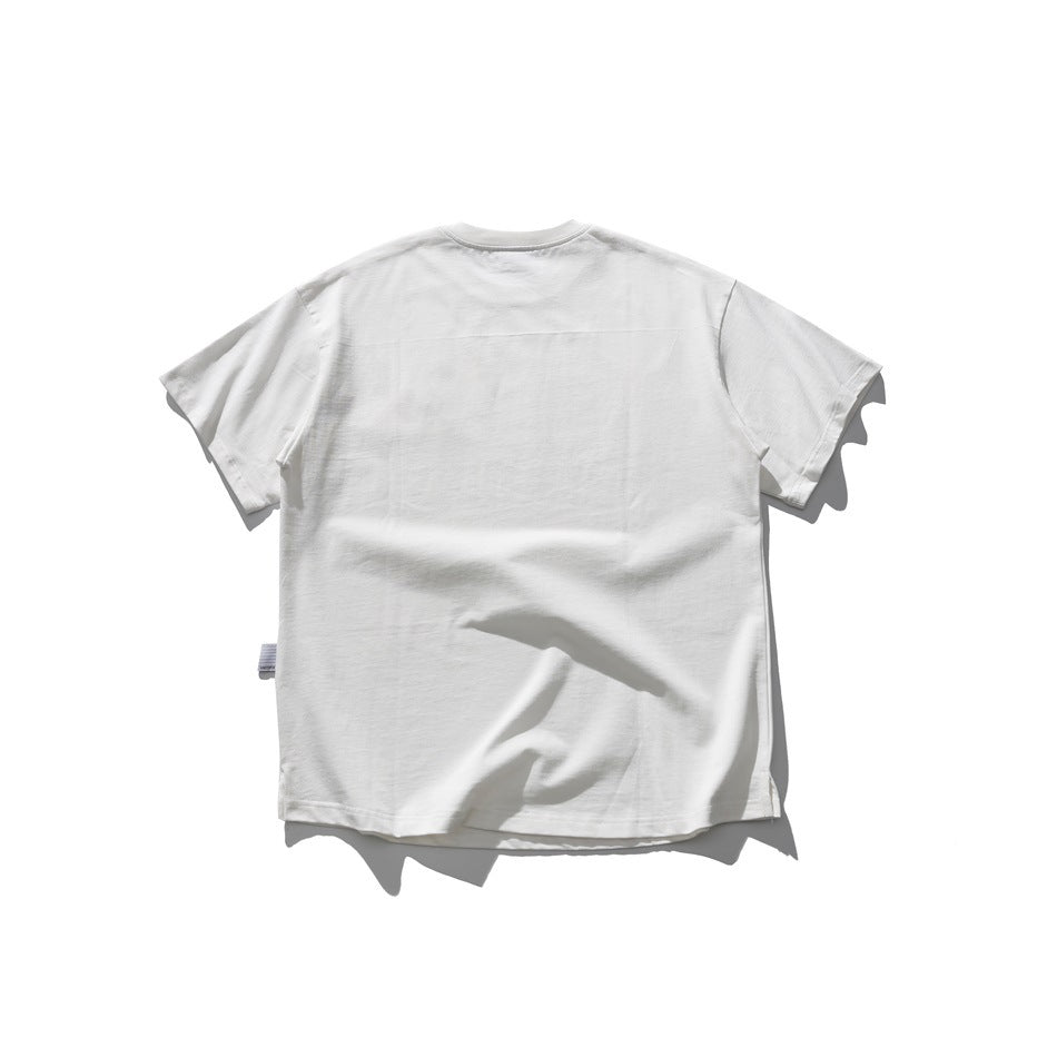 Back view of a white short-sleeve crew-neck T-shirt laid flat.