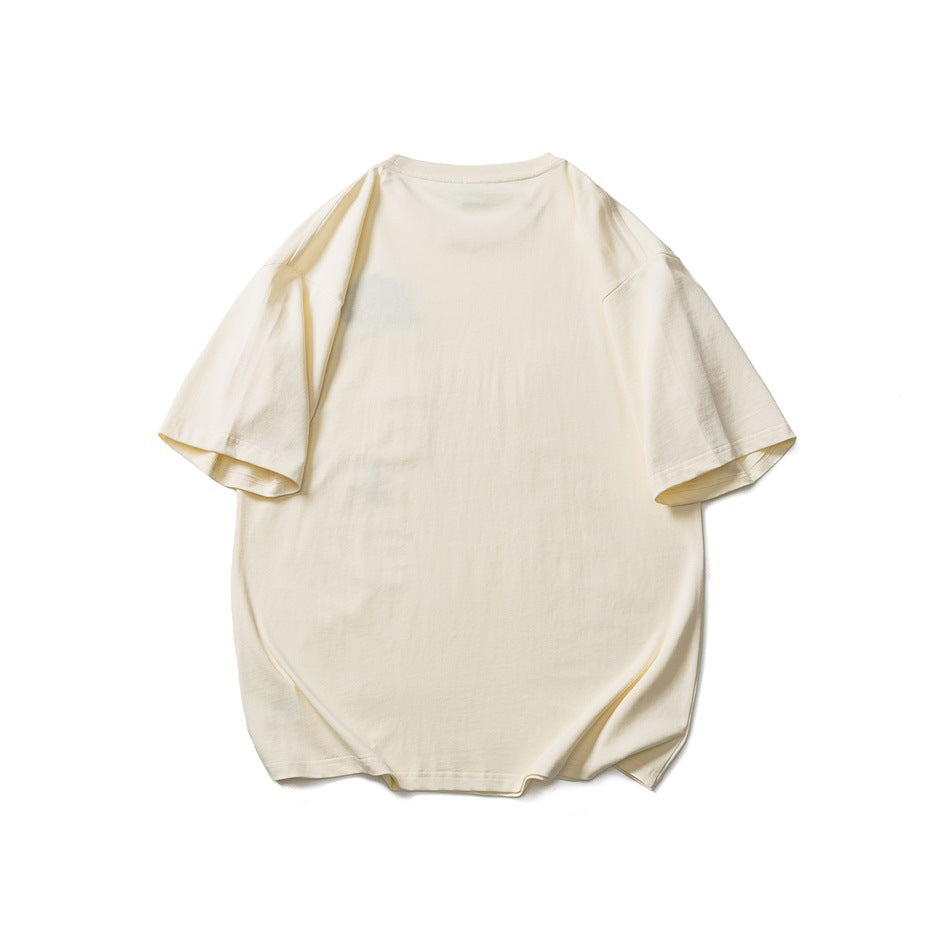 Back view of a plain beige short-sleeve crew-neck T-shirt with drop shoulders, flat lay