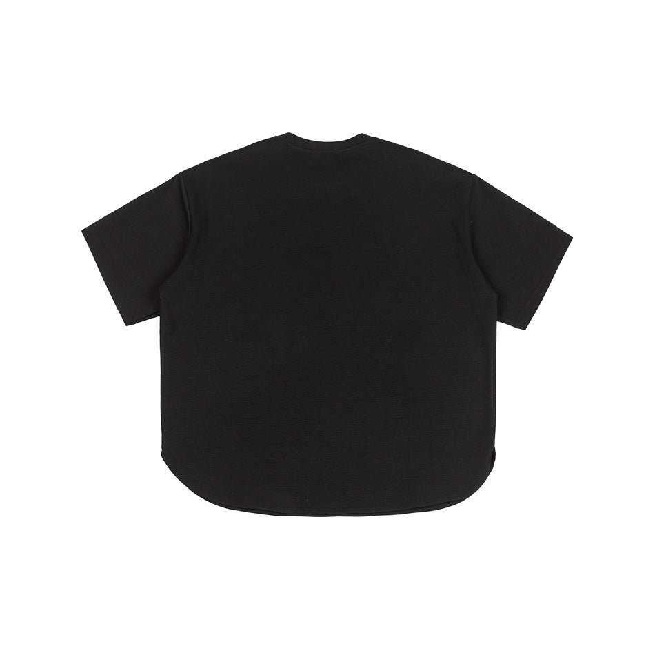 Back view of a plain black short-sleeve crewneck T-shirt with a rounded hem.
