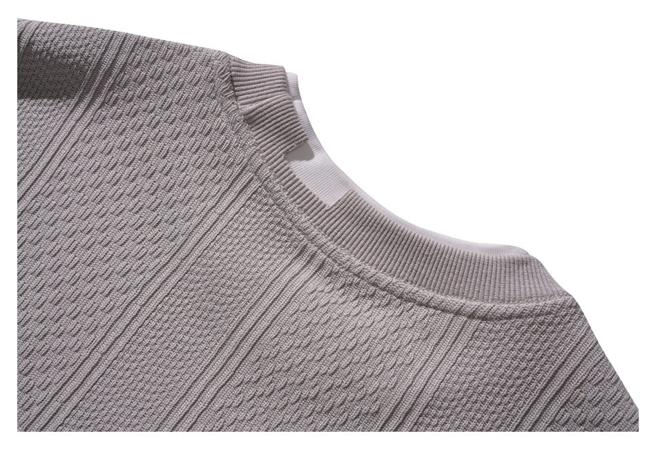 Close-up of the sweatshirt's ribbed crew neckline and textured gray knit.
