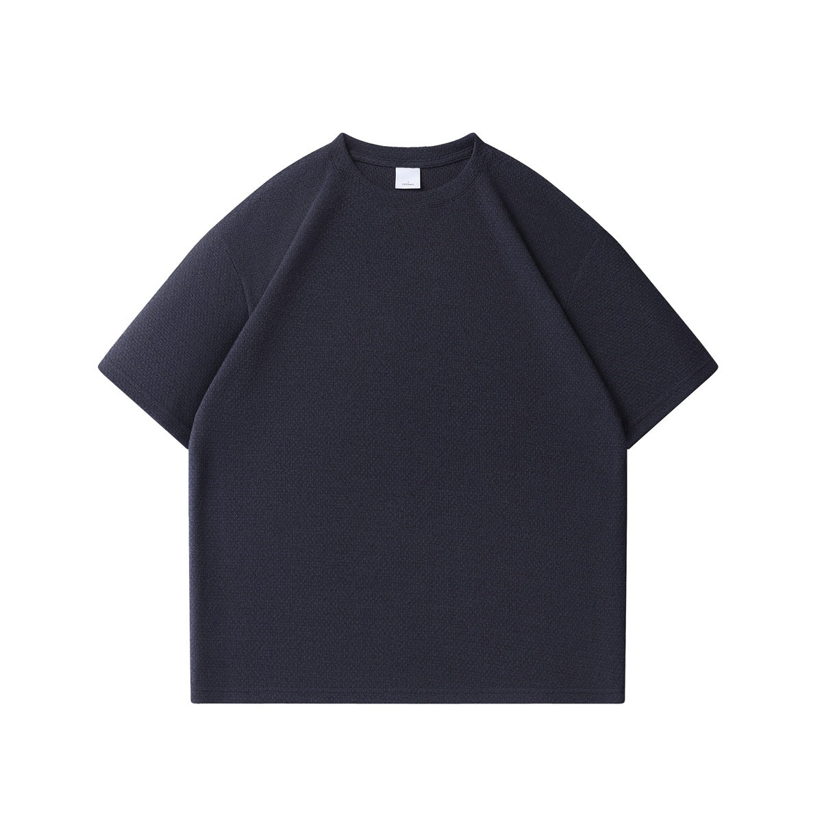 Navy blue short-sleeve crew-neck T-shirt with textured knit fabric, flat front view