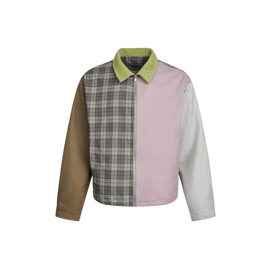 Front of color-block jacket with plaid panel, mauve panel, green corduroy collar, olive and gray sleeves, center zipper