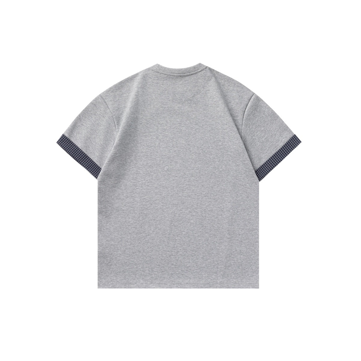 Back view of a heather gray short-sleeve crew-neck T-shirt with dark plaid trim at the sleeve cuffs.