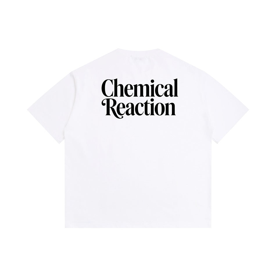 White short-sleeve T-shirt back with large black 'Chemical Reaction' print
