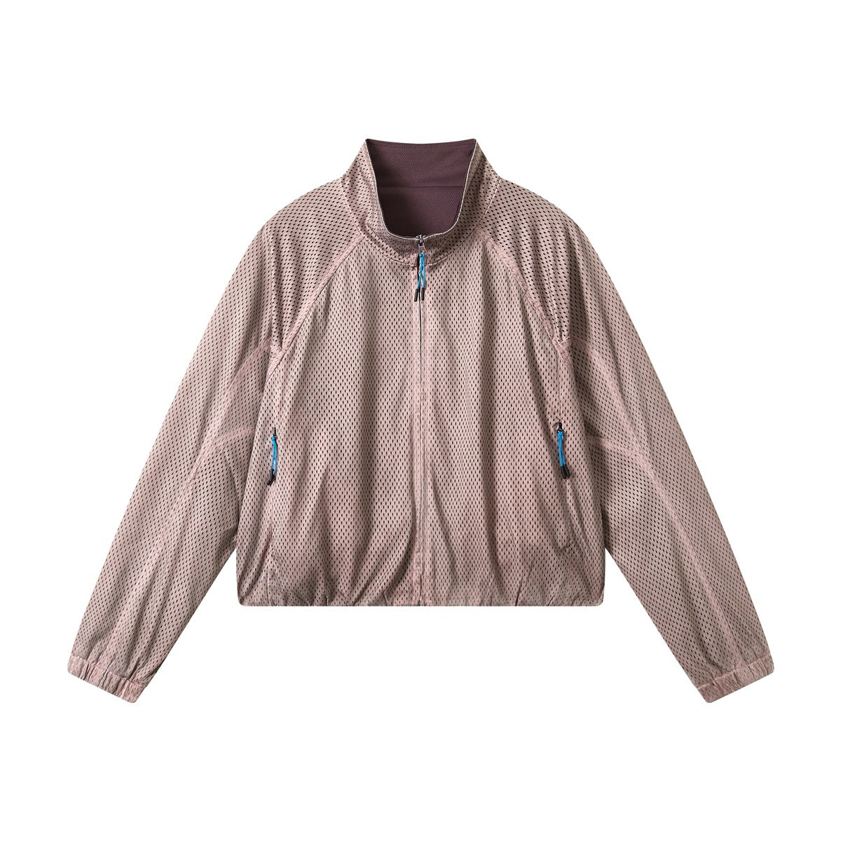 Dusty pink perforated mesh zip jacket with stand collar, raglan sleeves and blue zipper pulls, flat front view