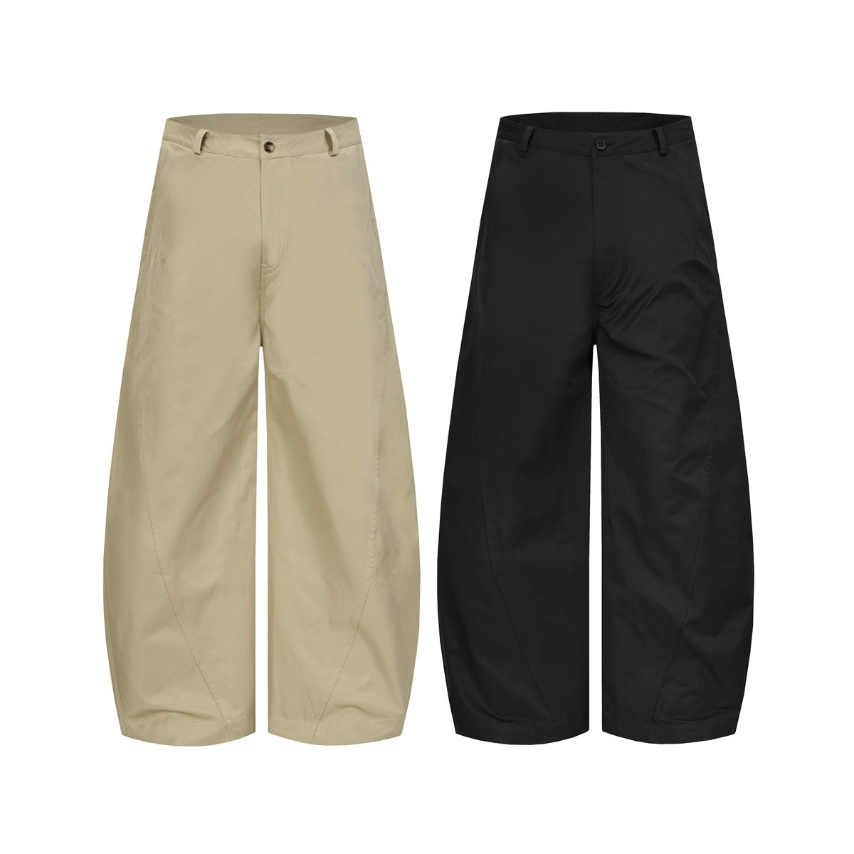 Two pairs of wide-leg trousers shown from the front in beige and black.