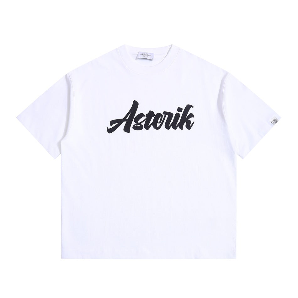 White short-sleeve crew neck T-shirt with black script Asterik graphic on the chest, flat lay front view