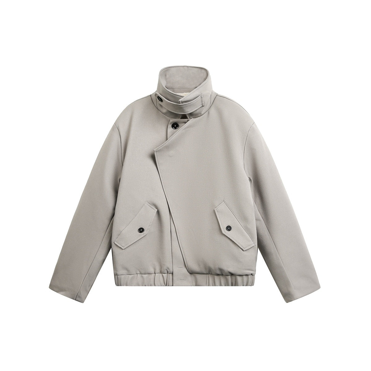 Gray khaki short jacket flat lay with high stand collar, asymmetric buttoned front, flap pockets and elastic hem