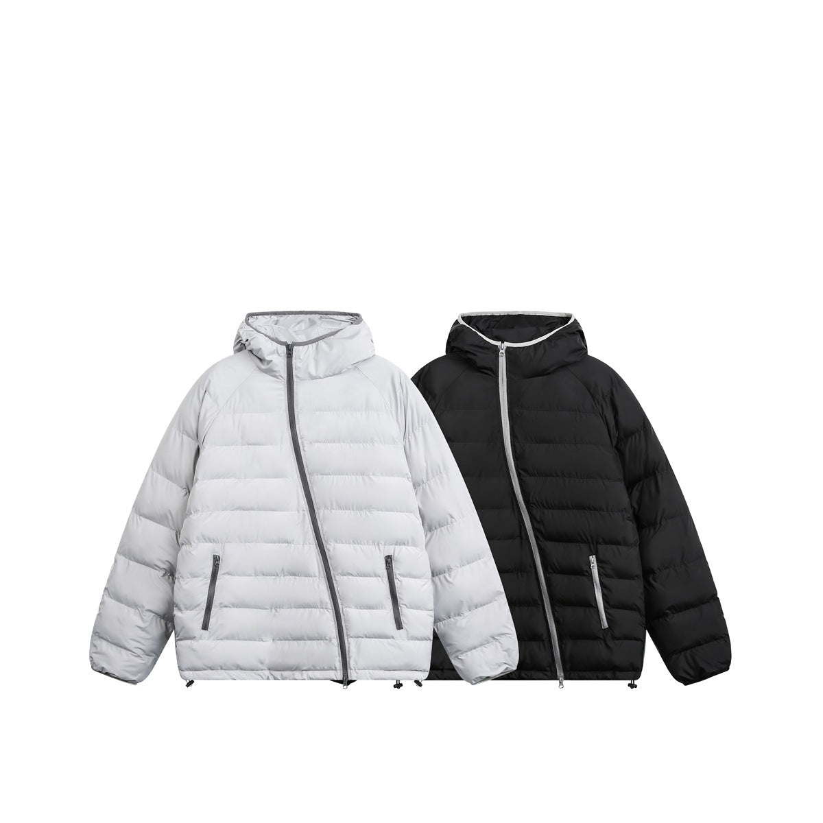 Two hooded quilted jackets shown side by side, one light gray and one black, with contrasting zipper trim.