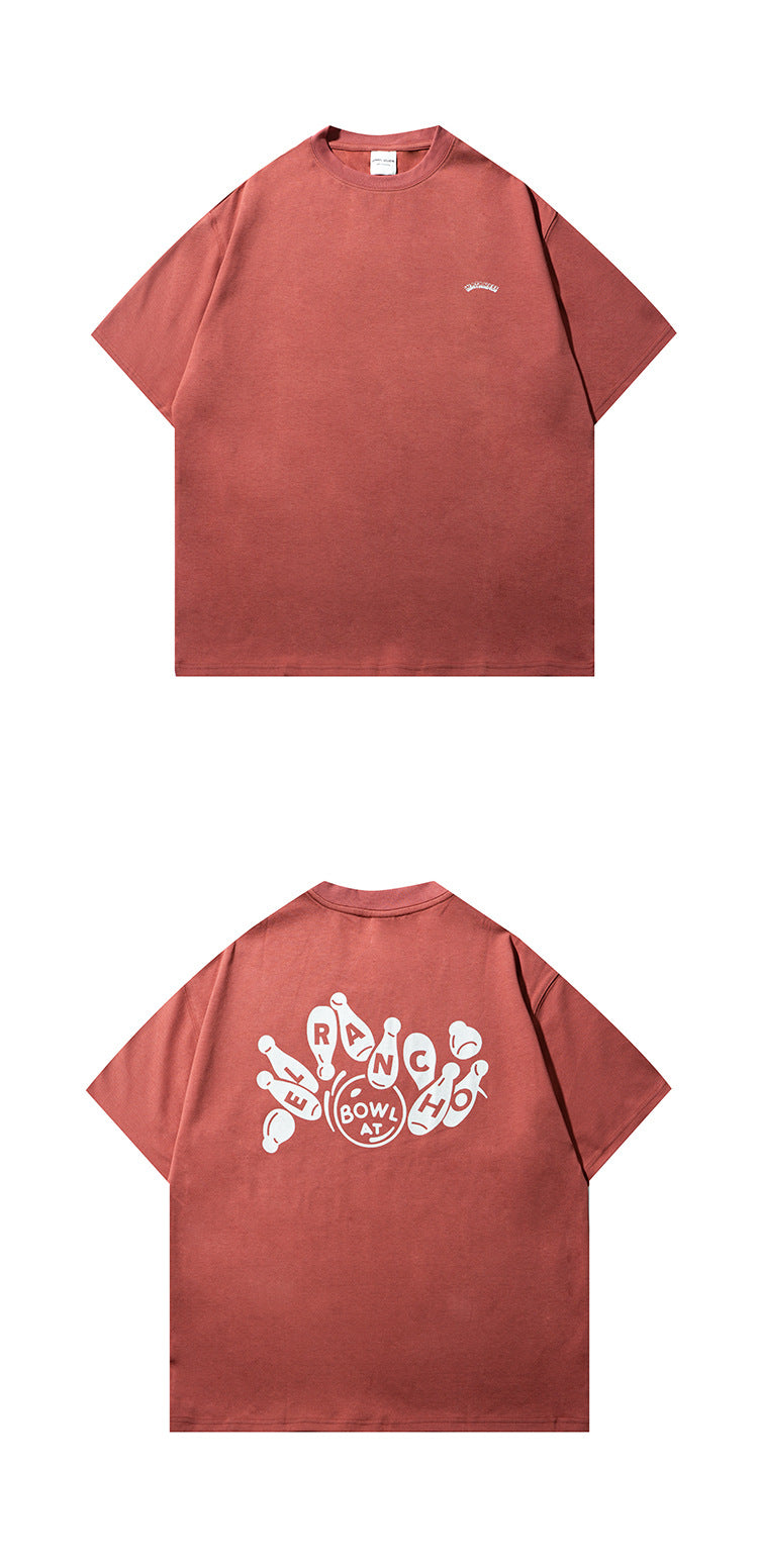 Muted red short-sleeve T-shirt shown from the front and back; the back has a large white bowling-pin graphic.