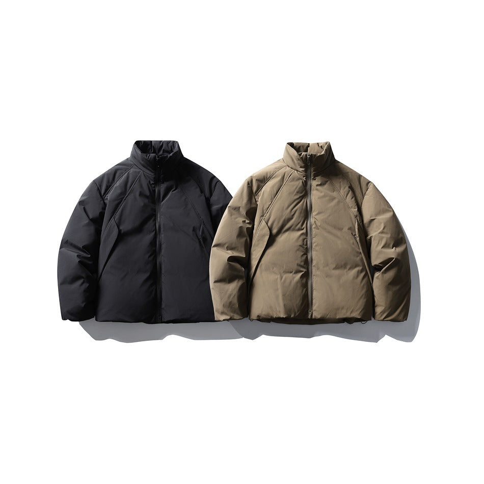 Front views of two padded stand-collar jackets, one black and one olive-brown, displayed side by side.