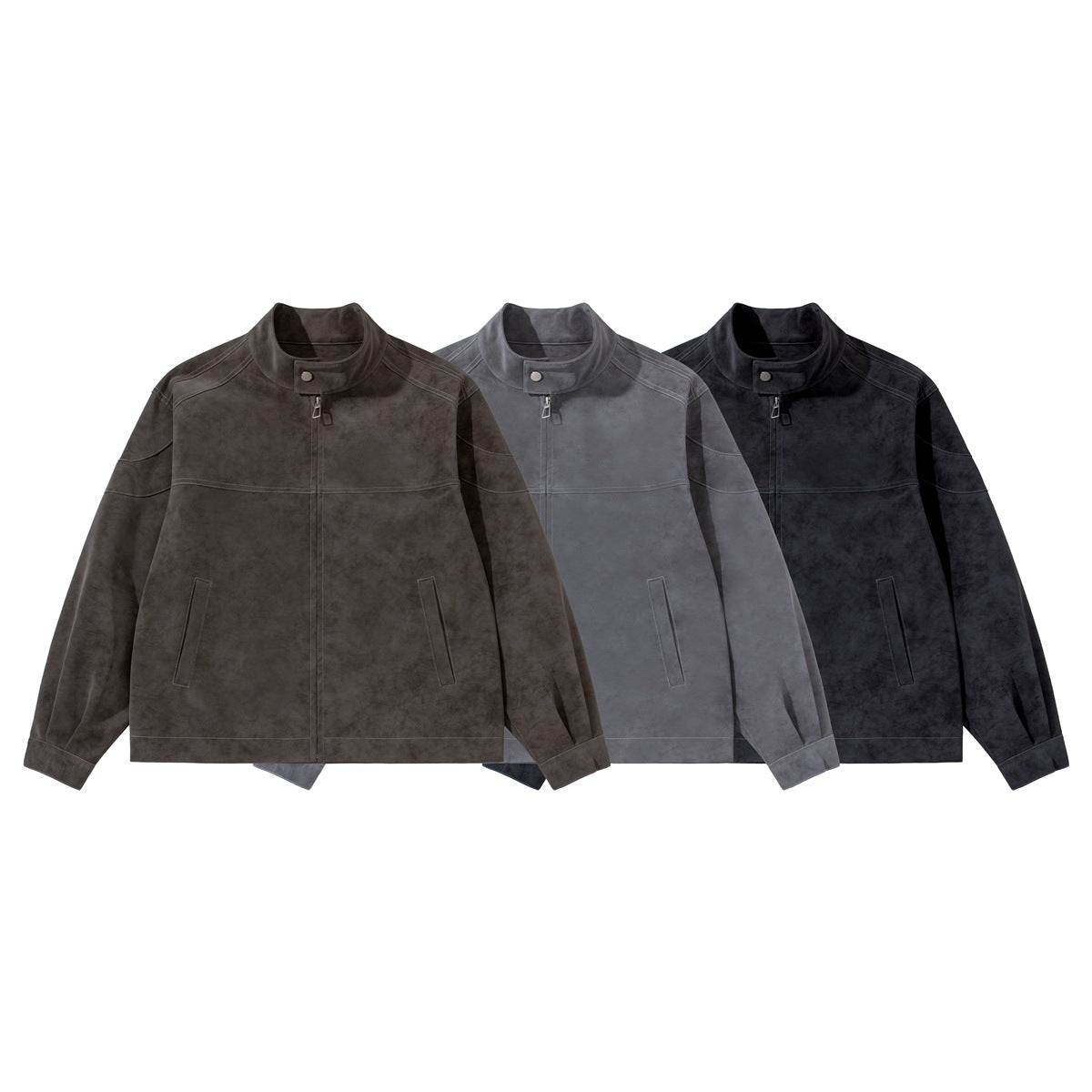 Three front views of a zip-front jacket with stand collars and stitched panels in brown, gray, and black.