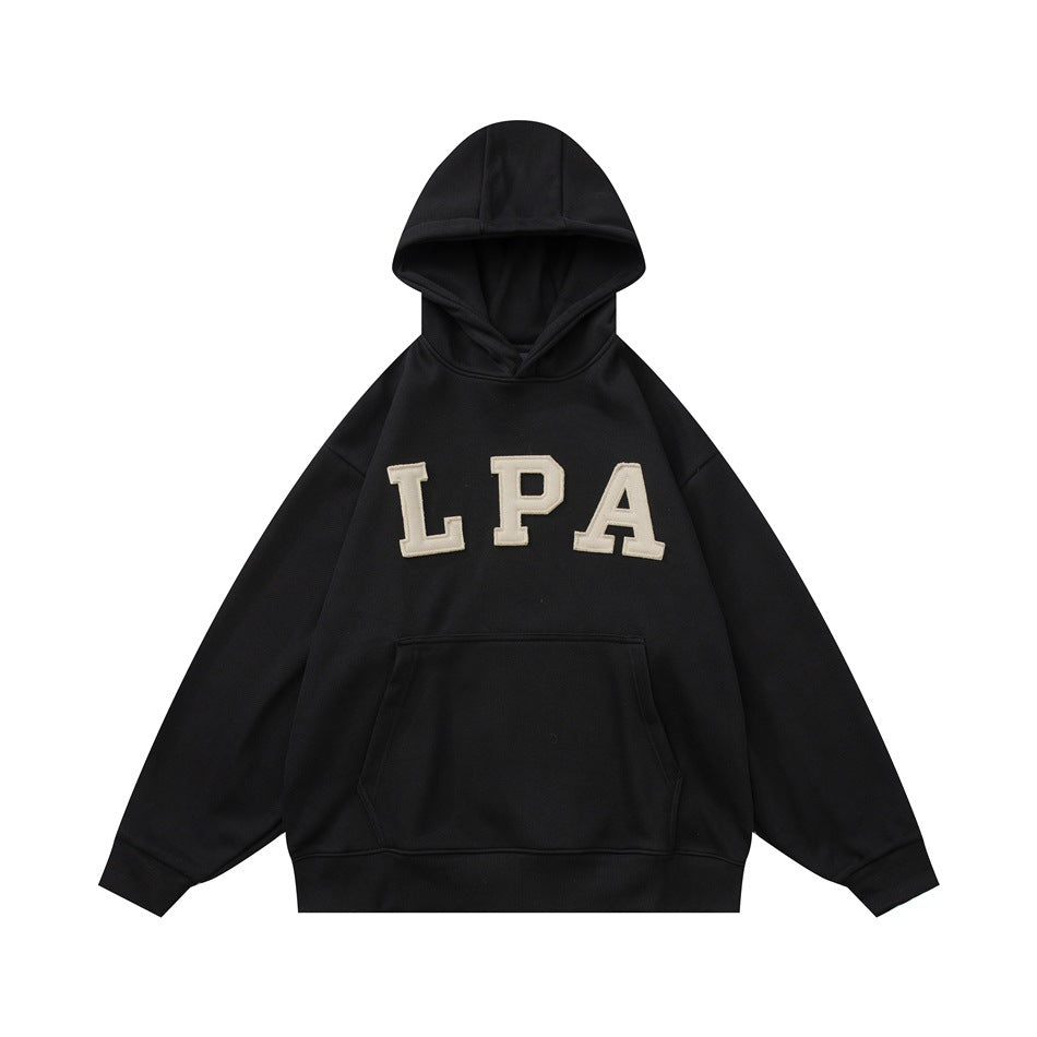 Black pullover hoodie with cream LPA appliqué letters across the chest and a front kangaroo pocket