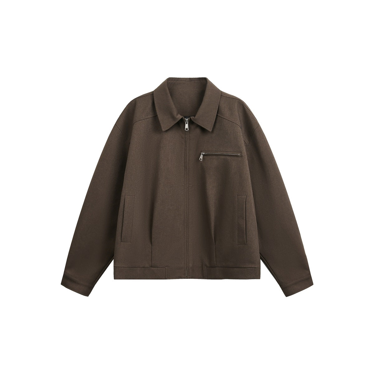 Brown zip-front collared jacket flat lay with chest zip pocket, slanted pockets and banded hem