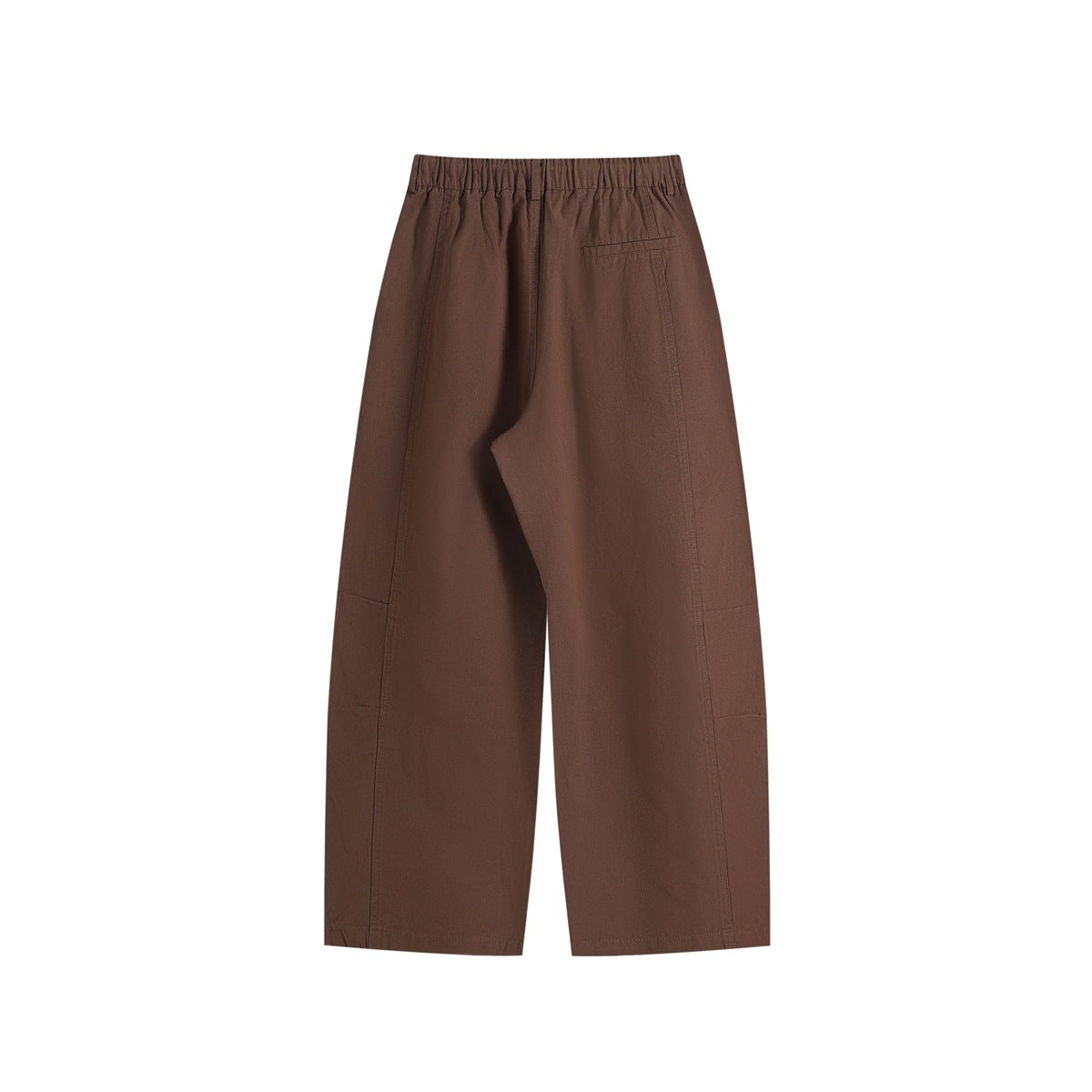 Back view of brown wide-leg pants with an elastic waistband and a single rear pocket.