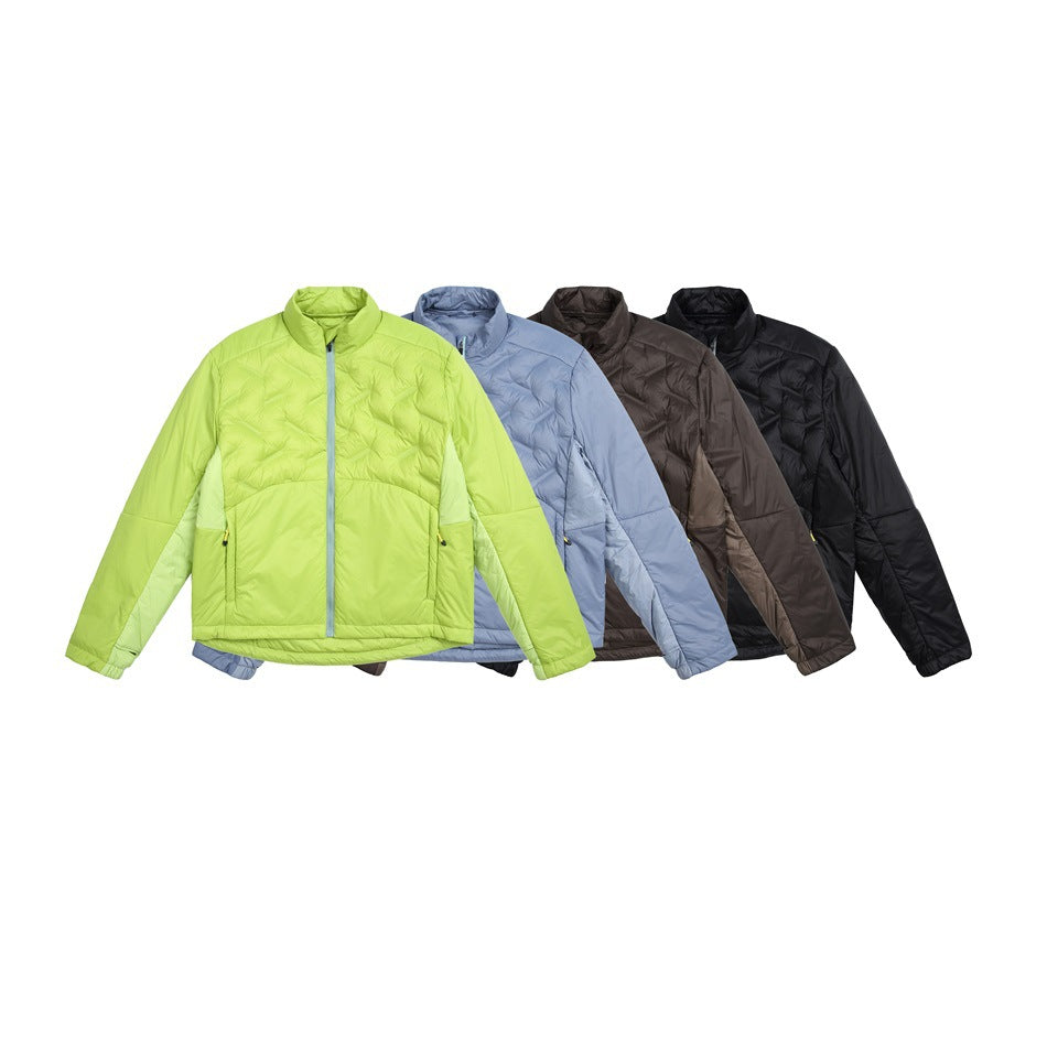 Four quilted jackets shown together in lime green, pale blue, dark brown, and black.