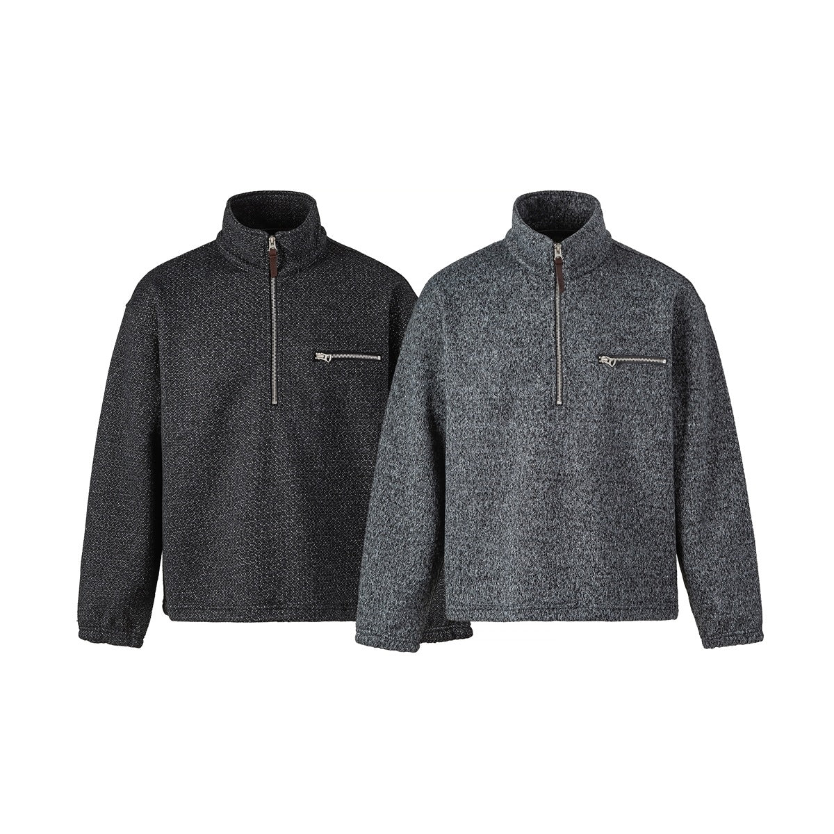 Black and gray marled quarter-zip pullovers shown from the front, each with a stand collar and zip chest pocket.