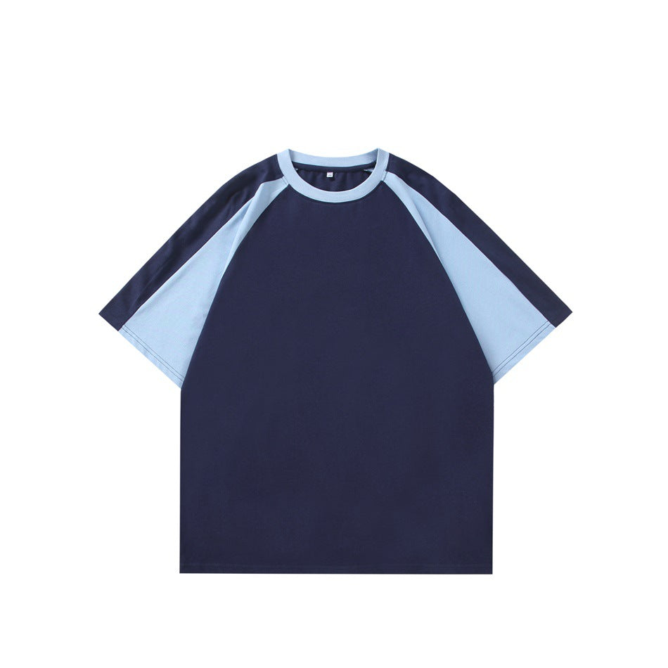 Navy crew-neck raglan T-shirt with light blue sleeves and collar, flat front view