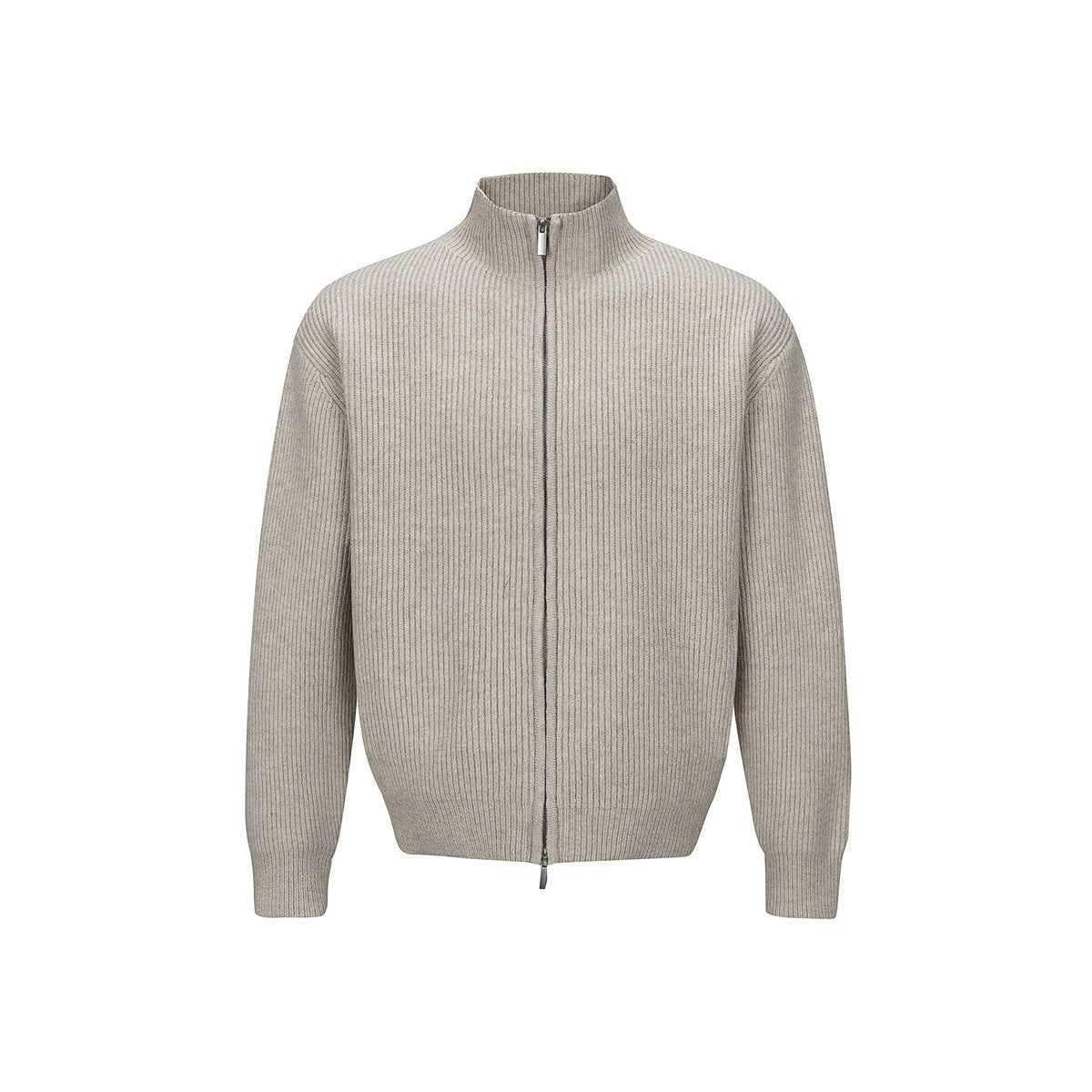 Light khaki ribbed-knit zip-up jacket with stand collar, front view on white background