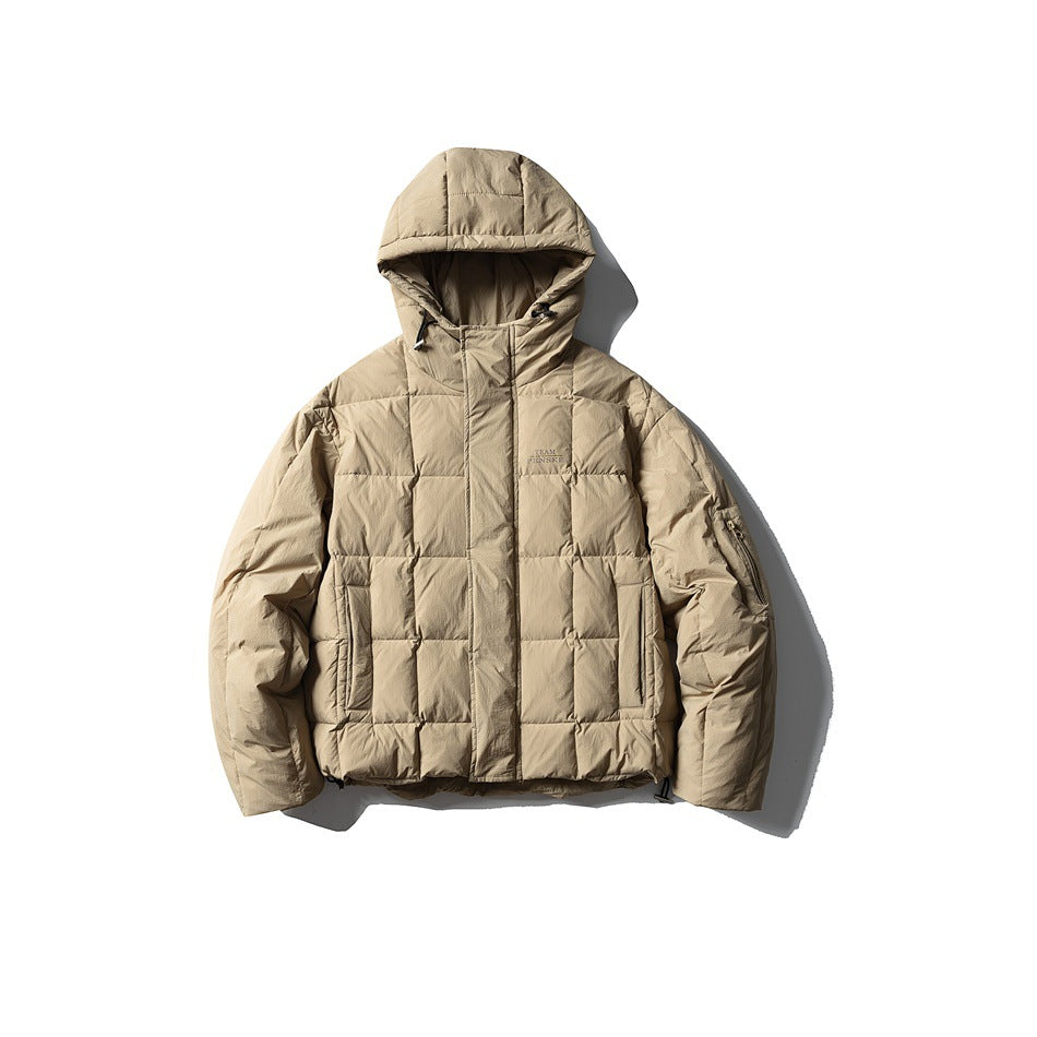 Khaki hooded square-quilted puffer jacket, front flat view with zip placket and sleeve pocket