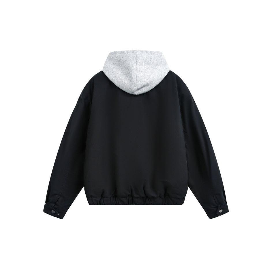 Back view of a black jacket with a gray hood, gathered hem, and buttoned cuffs.