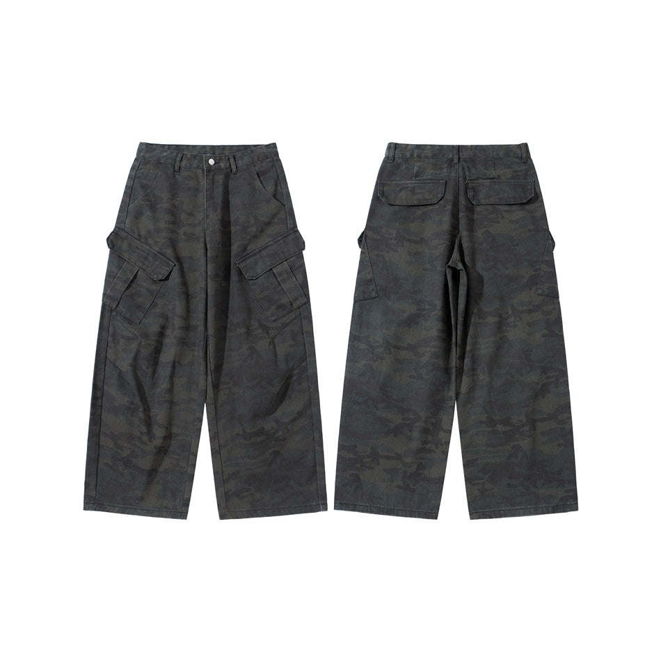 Front and back views of wide-leg dark charcoal camouflage cargo pants with flap pockets.