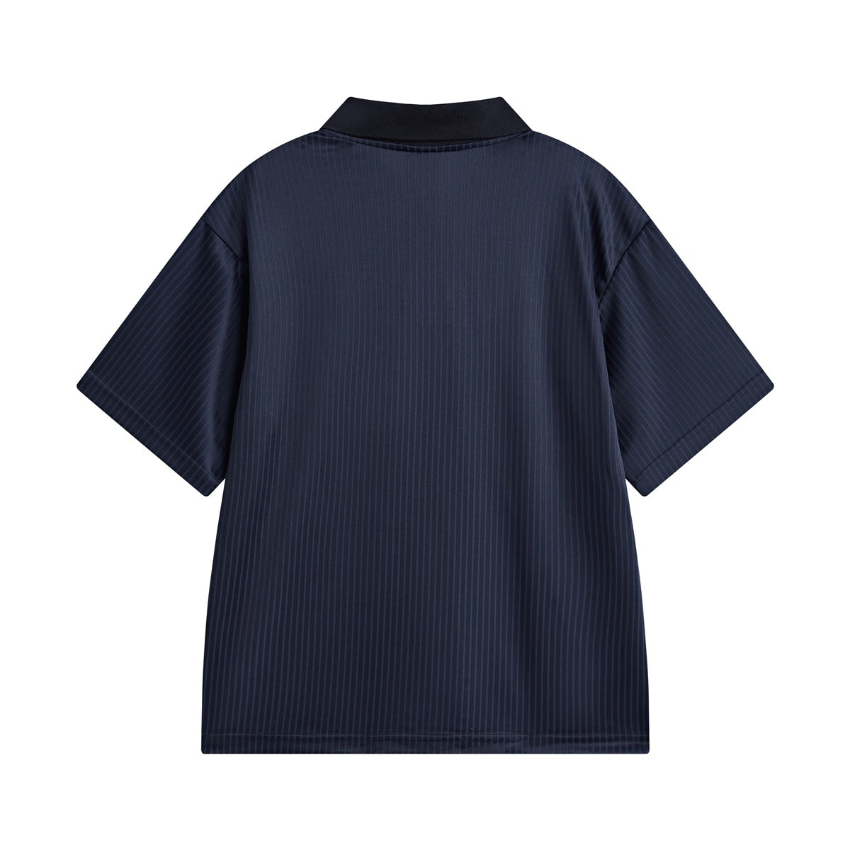 Back view of navy striped short-sleeve polo top with black collar and plain back
