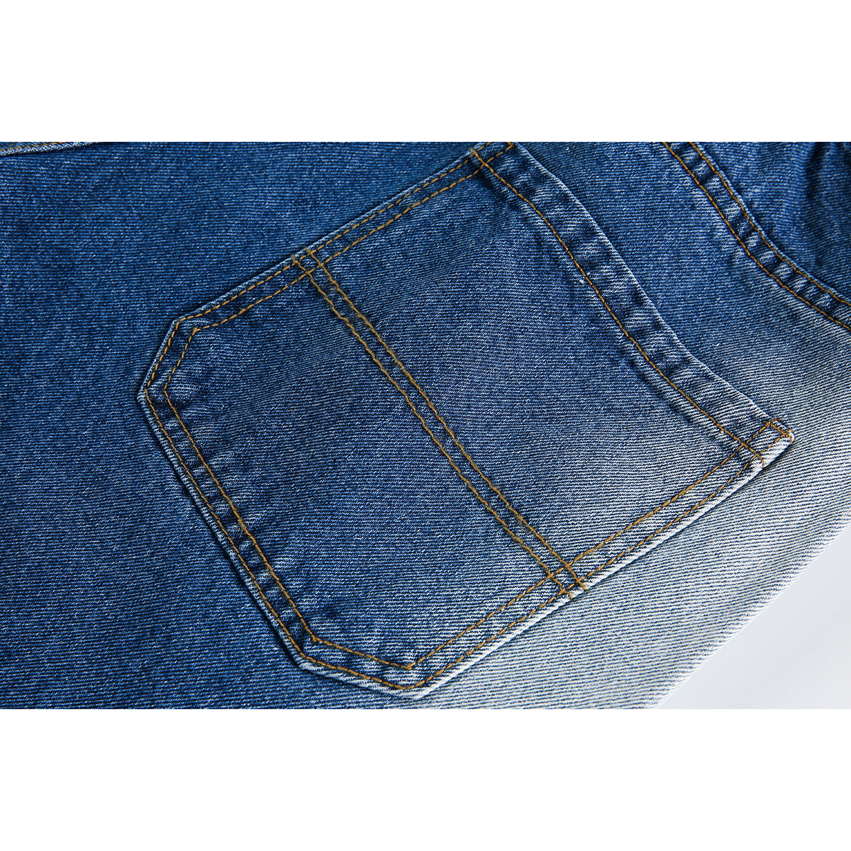 Close-up of a rectangular back pocket with contrast stitching on blue denim shorts.