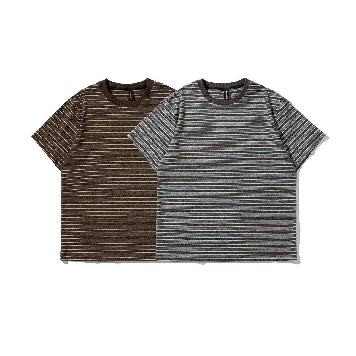 Two short-sleeve crew-neck T-shirts shown from the front: one brown with thin cream stripes and one blue-gray striped.