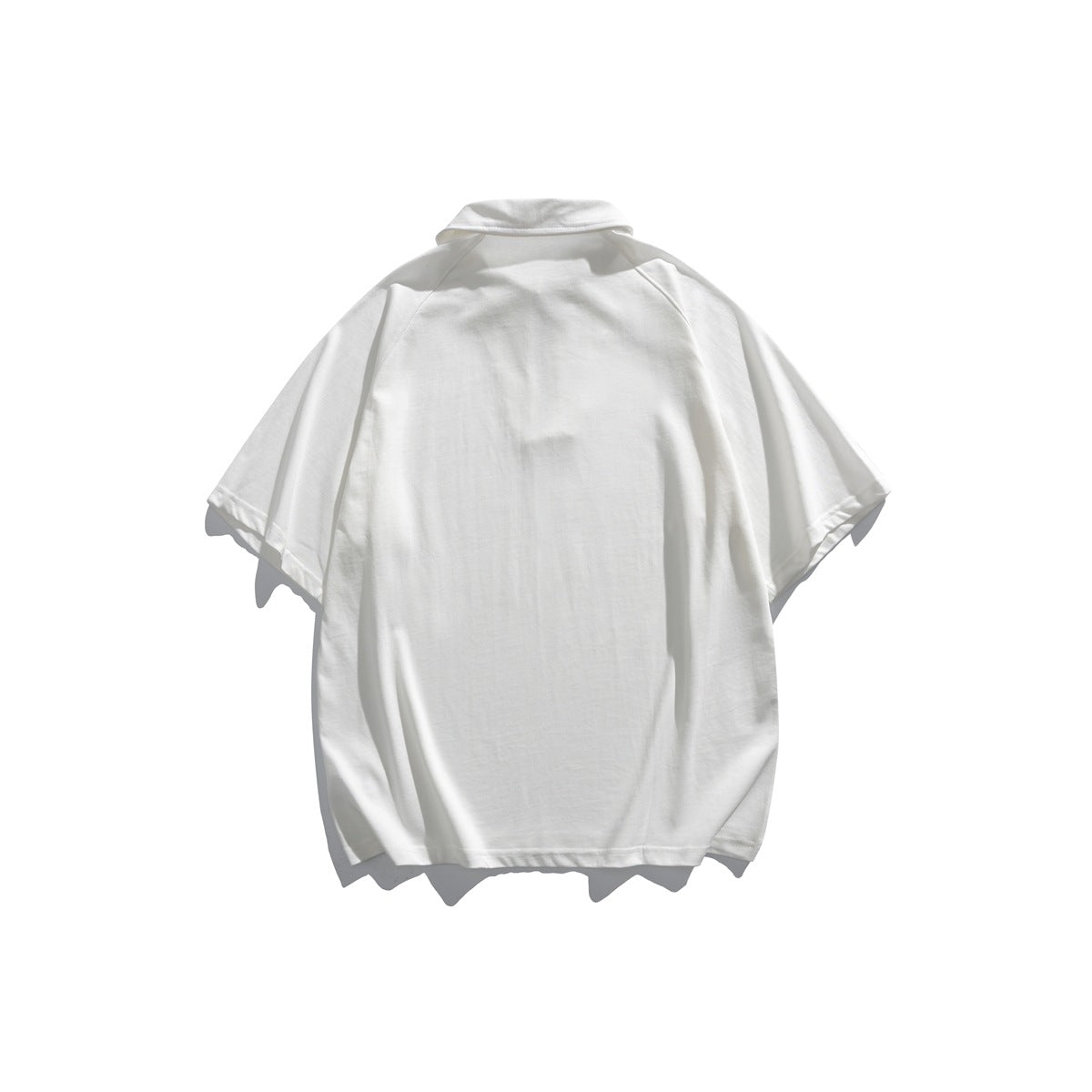 White short-sleeve polo-style top, flat lay back view with collar and raglan sleeves