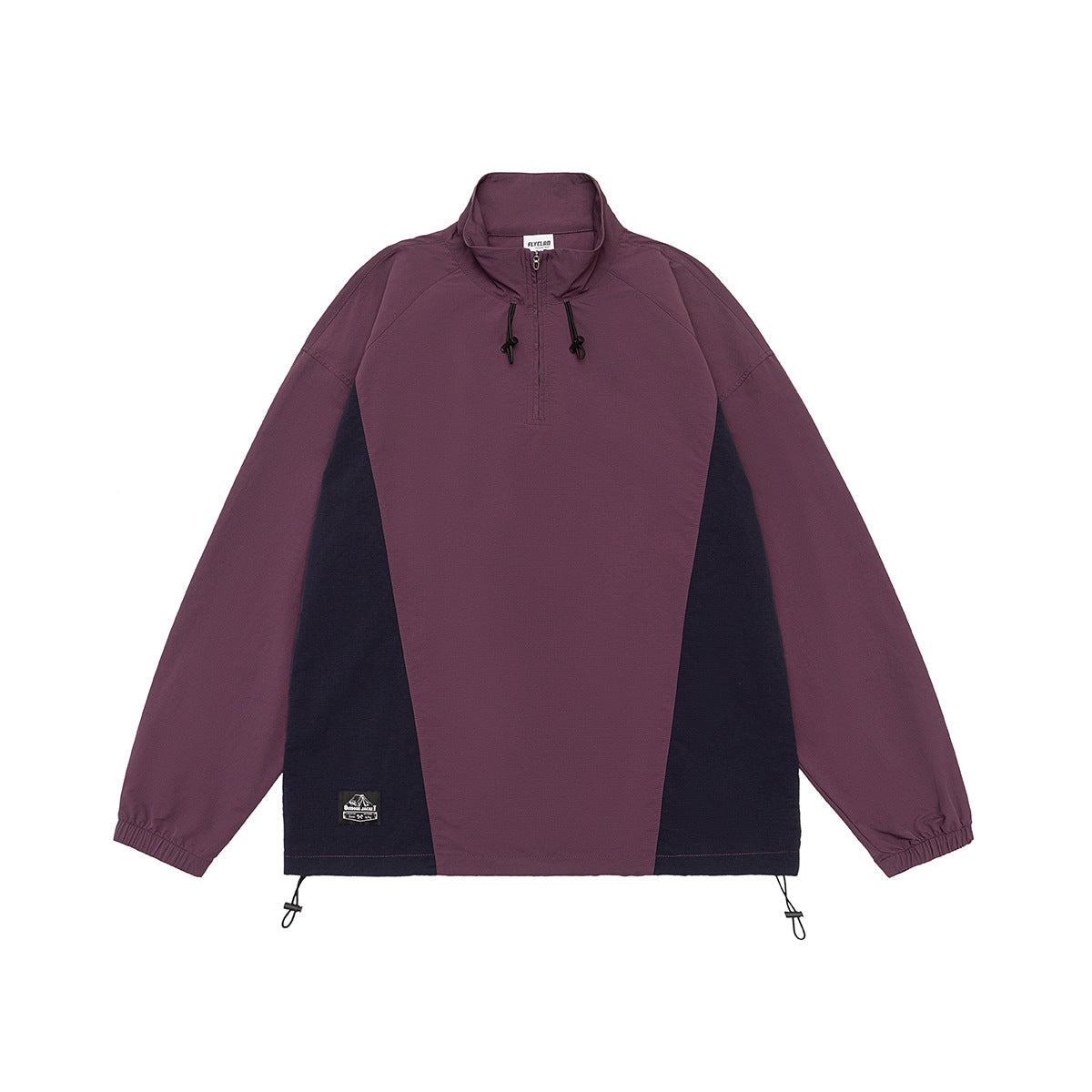 Purple half-zip pullover jacket with navy side panels, stand collar, drawcords and elastic cuffs, flat front view