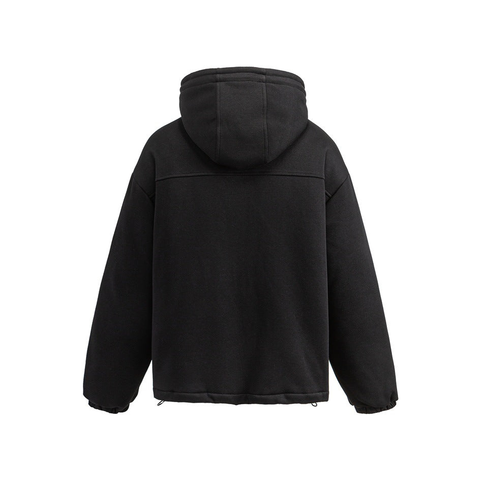 Back view of a plain black hooded jacket laid flat against a white background.