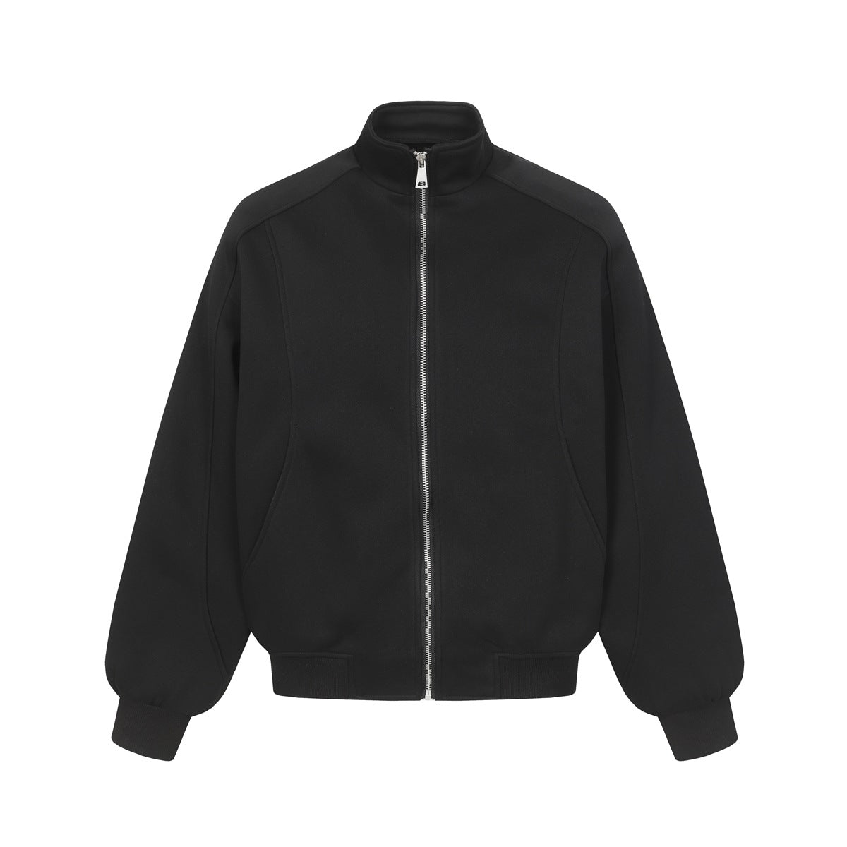 Black stand-collar full-zip jacket with silver zipper and ribbed cuffs and hem, laid flat from the front