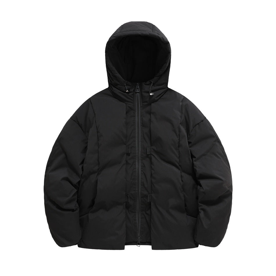 Black hooded quilted puffer-style jacket, front view flat lay with zipper closed and drawcord hood
